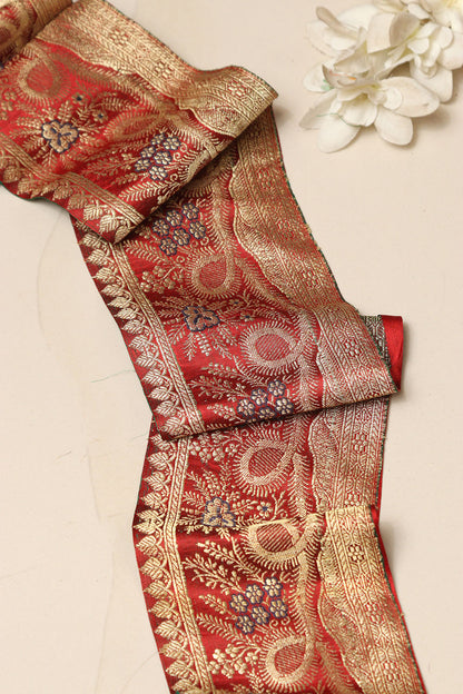 Red Banarasi Handloom Vintage Pure Silk Border Lace ( 1 Mtr ) - Luxurion World