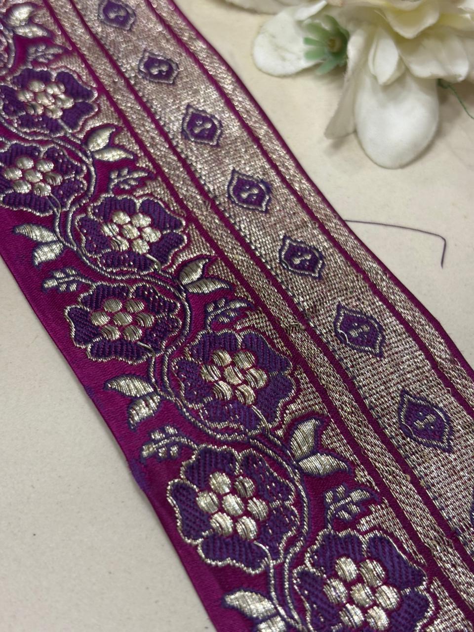 Purple Banarasi Handloom Vintage Pure Silk Border Lace ( 1 Mtr ) - Luxurion World