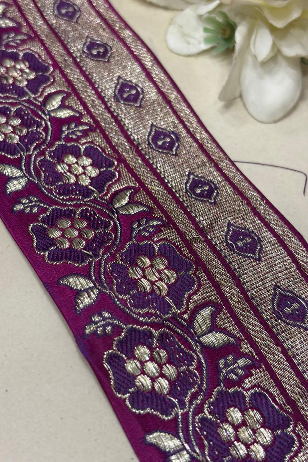 Purple Banarasi Handloom Vintage Pure Silk Border Lace ( 1 Mtr ) - Luxurion World