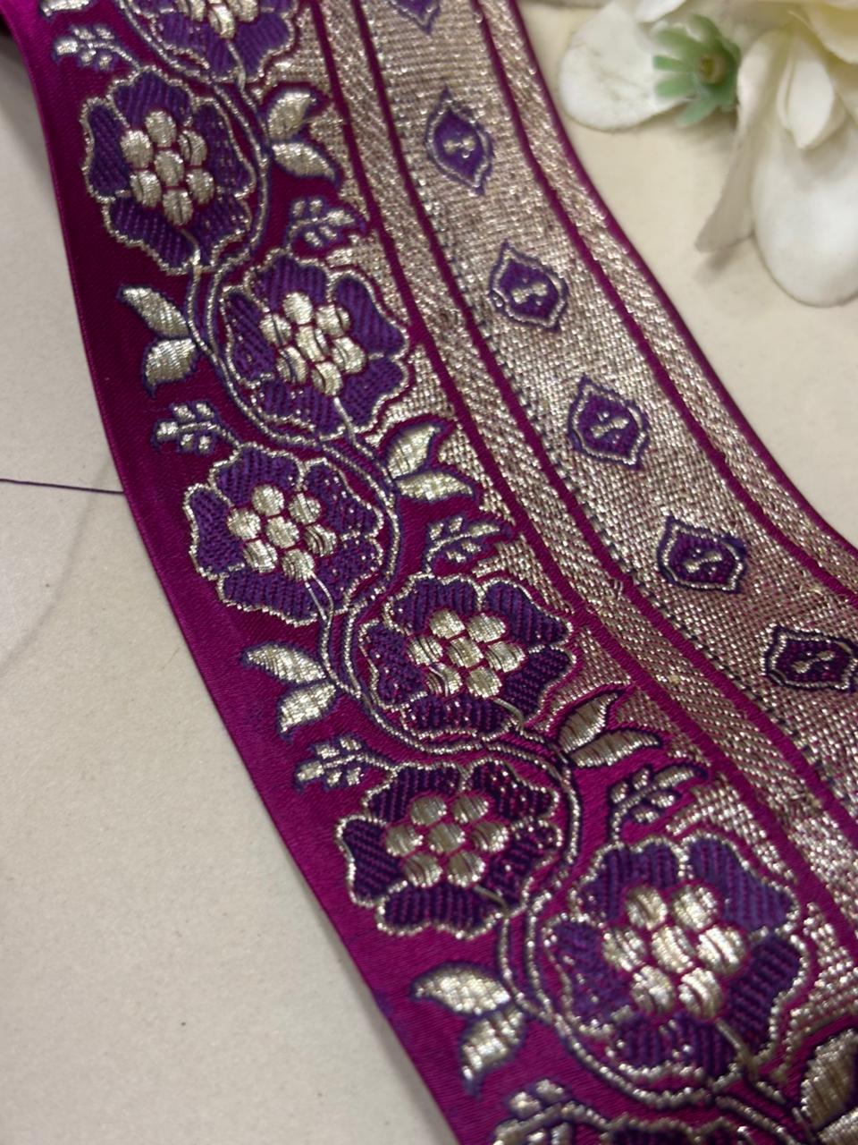 Purple Banarasi Handloom Vintage Pure Silk Border Lace ( 1 Mtr ) - Luxurion World