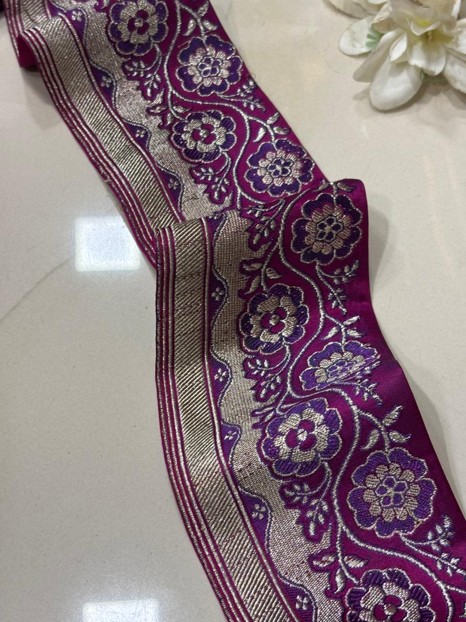 Purple Banarasi Handloom Vintage Pure Silk Border Lace ( 1 Mtr ) - Luxurion World