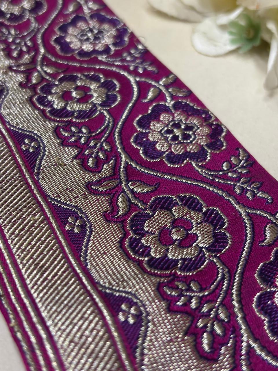 Purple Banarasi Handloom Vintage Pure Silk Border Lace ( 1 Mtr ) - Luxurion World
