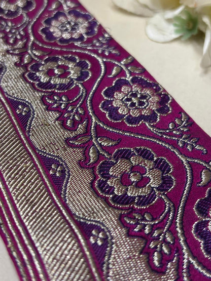 Purple Banarasi Handloom Vintage Pure Silk Border Lace ( 1 Mtr ) - Luxurion World
