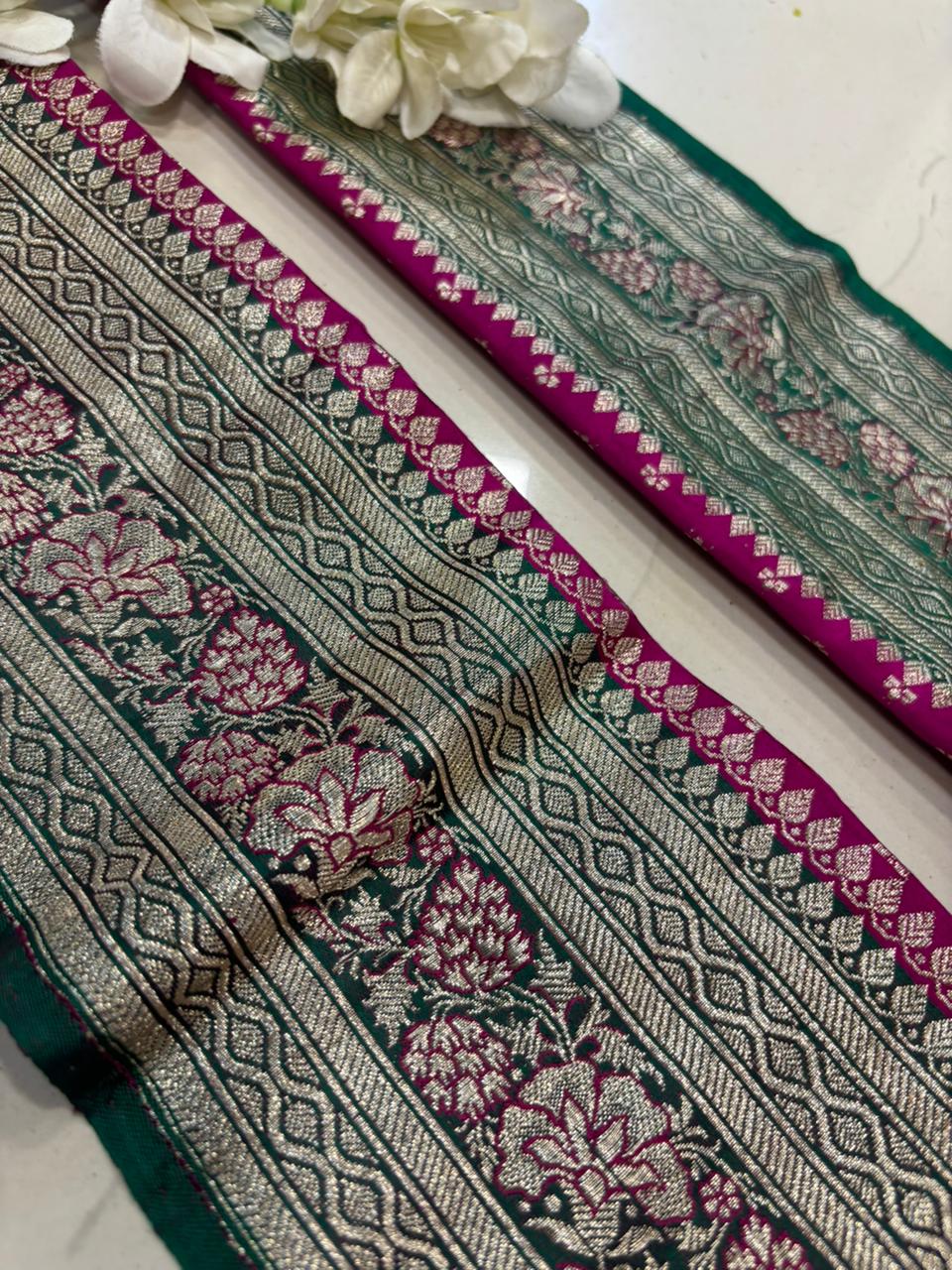 Green Banarasi Handloom Vintage Pure Silk Border Lace ( 1 Mtr ) - Luxurion World