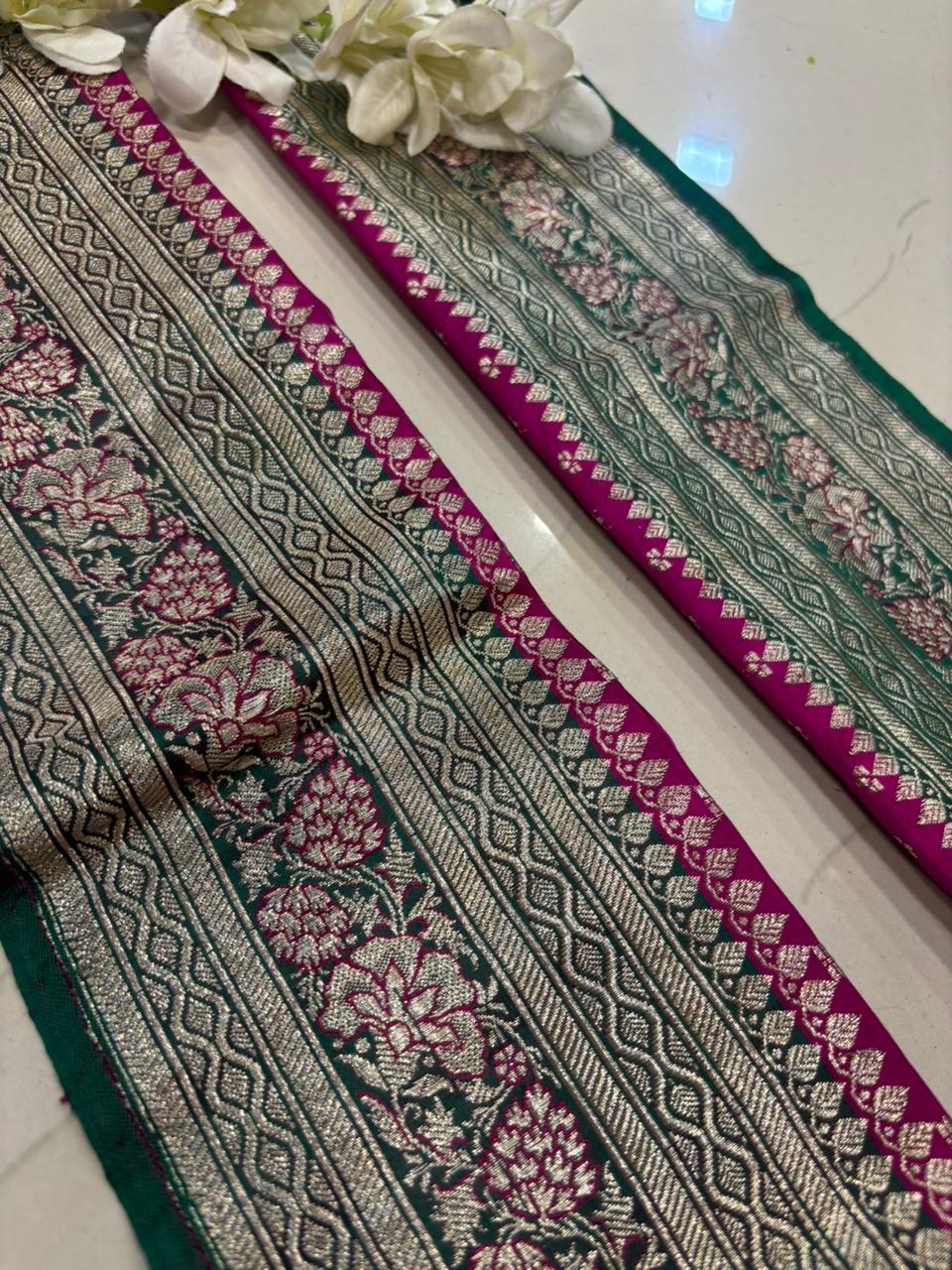 Green Banarasi Handloom Vintage Pure Silk Border Lace ( 1 Mtr ) - Luxurion World