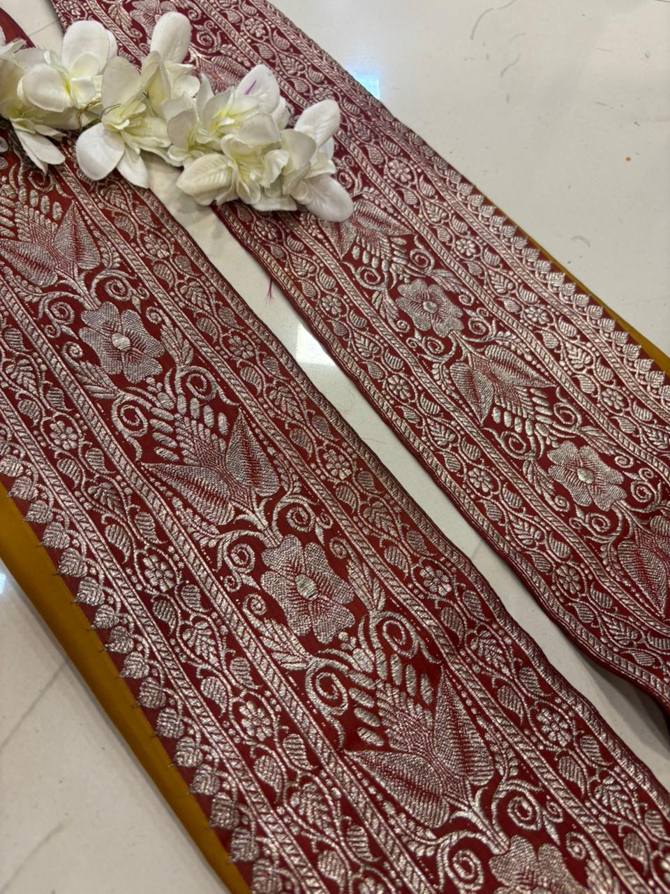 Maroon Banarasi Handloom Vintage Pure Silk Border Lace ( 1 Mtr ) - Luxurion World