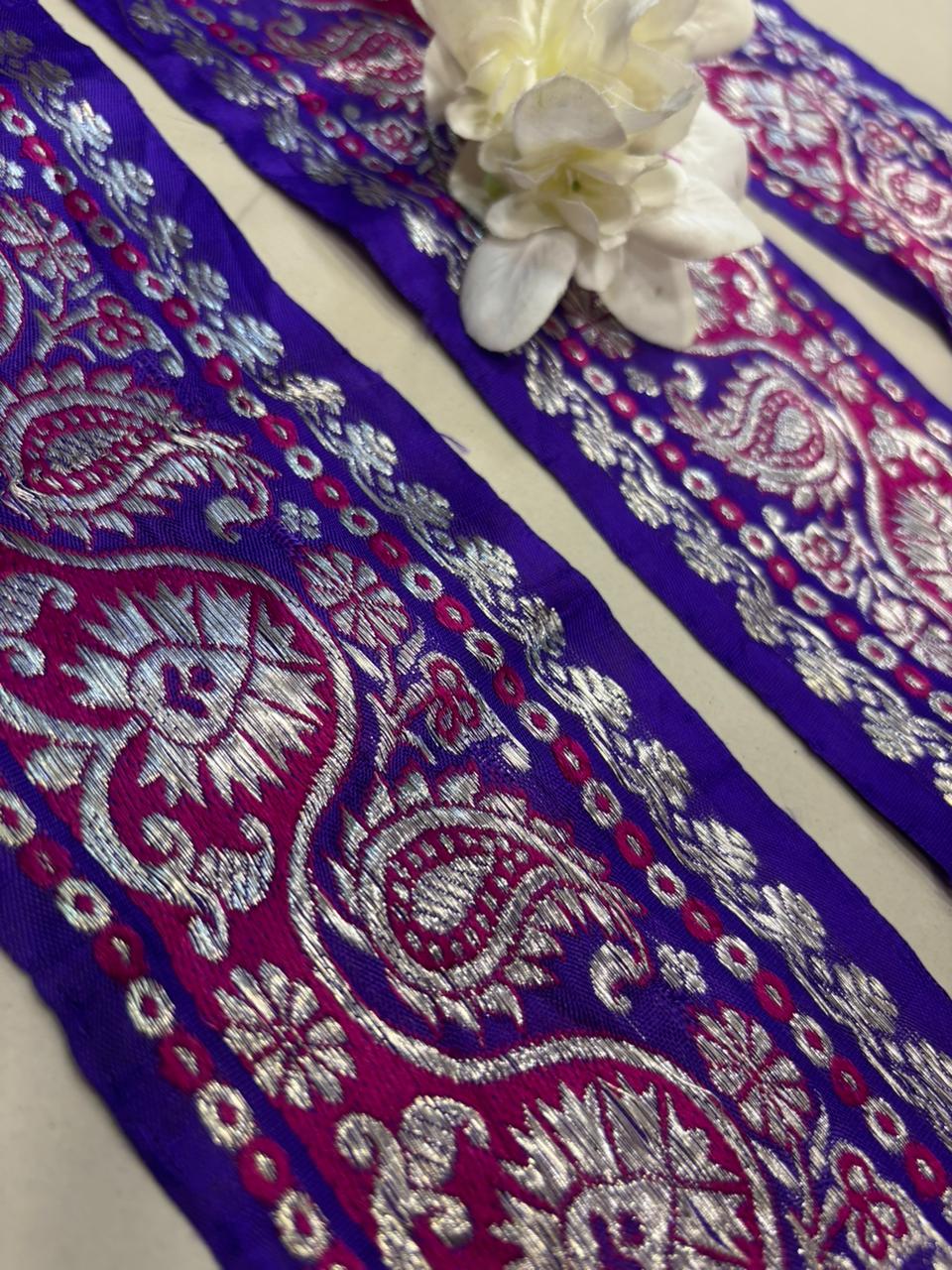 Blue Banarasi Handloom Vintage Pure Silk Border Lace ( 1 Mtr ) - Luxurion World