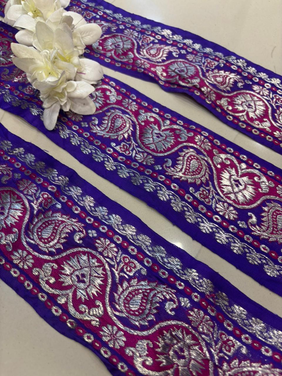 Blue Banarasi Handloom Vintage Pure Silk Border Lace ( 1 Mtr ) - Luxurion World