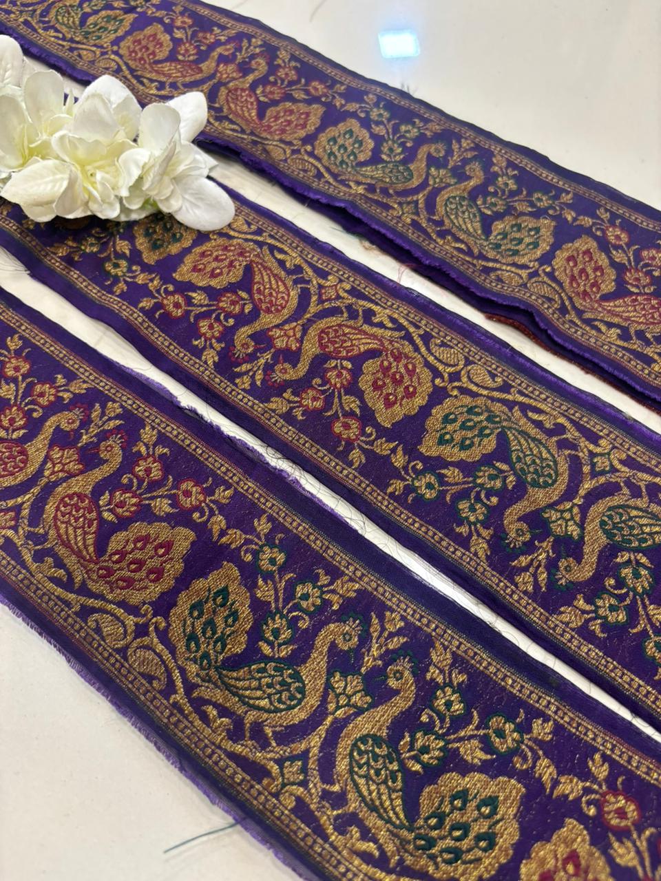 Blue Banarasi Handloom Vintage Pure Silk Border Lace ( 1 Mtr ) - Luxurion World