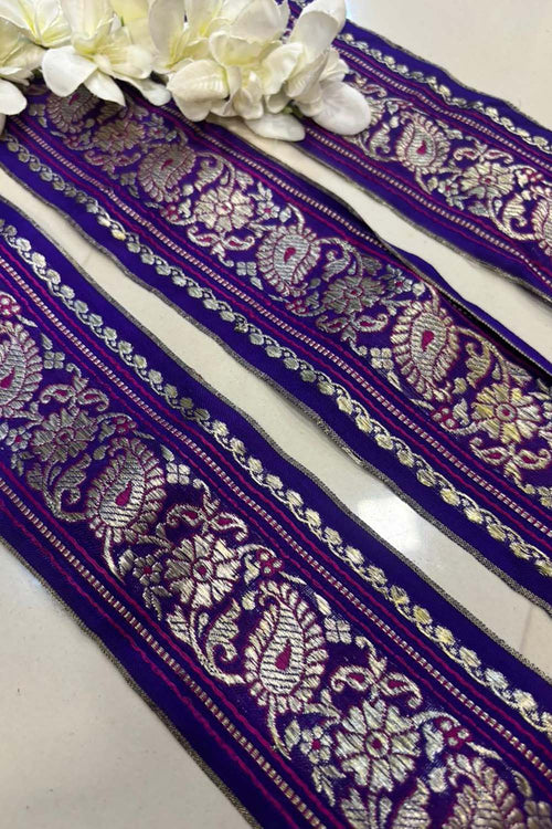 Blue Banarasi Handloom Vintage Pure Silk Border Lace ( 1 Mtr ) - Luxurion World