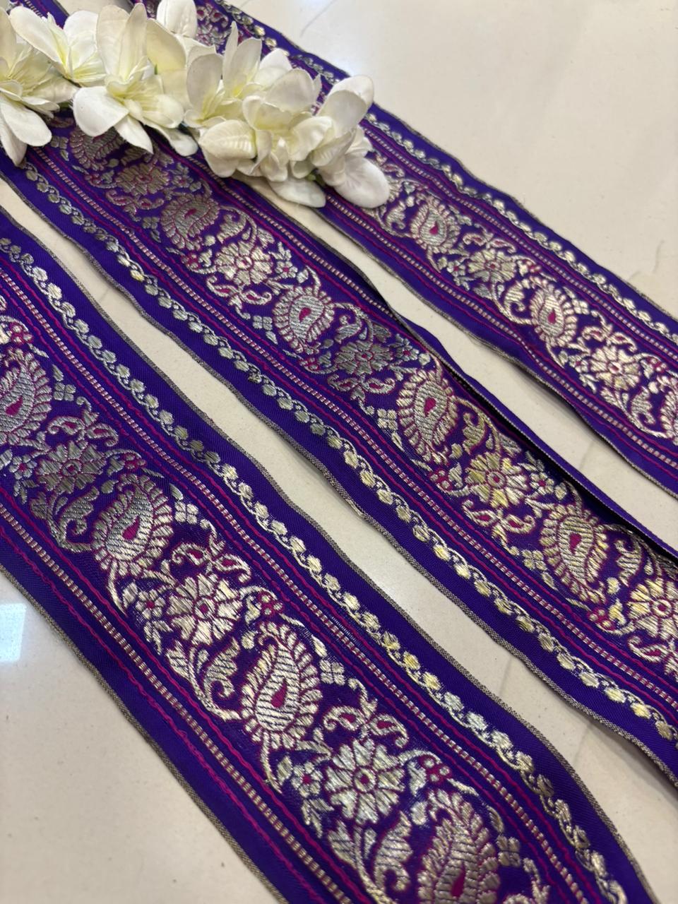 Blue Banarasi Handloom Vintage Pure Silk Border Lace ( 1 Mtr ) - Luxurion World