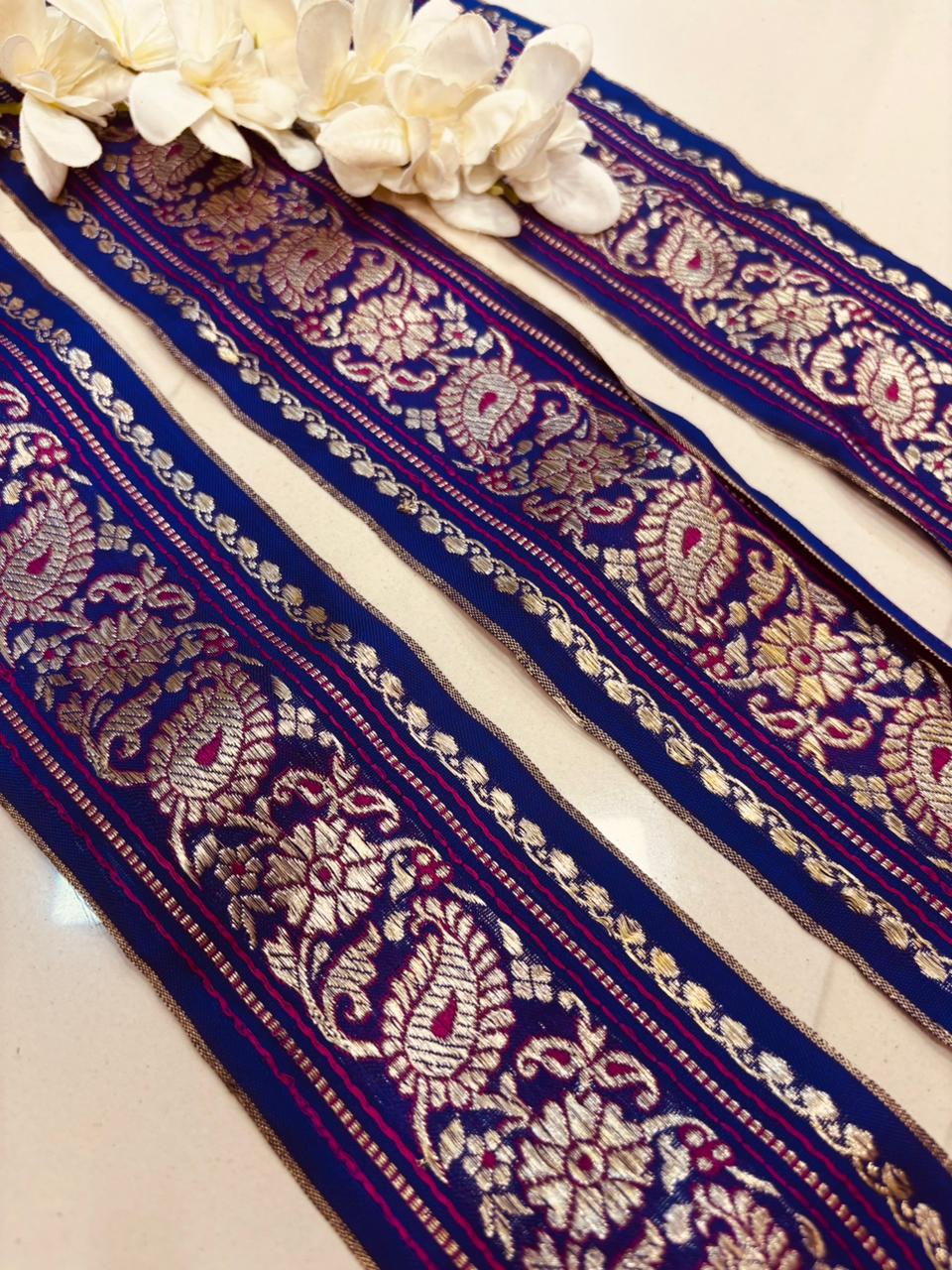 Blue Banarasi Handloom Vintage Pure Silk Border Lace ( 1 Mtr ) - Luxurion World