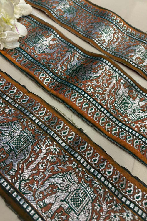 Orange Banarasi Handloom Vintage Pure Silk Border Lace ( 1 Mtr ) - Luxurion World