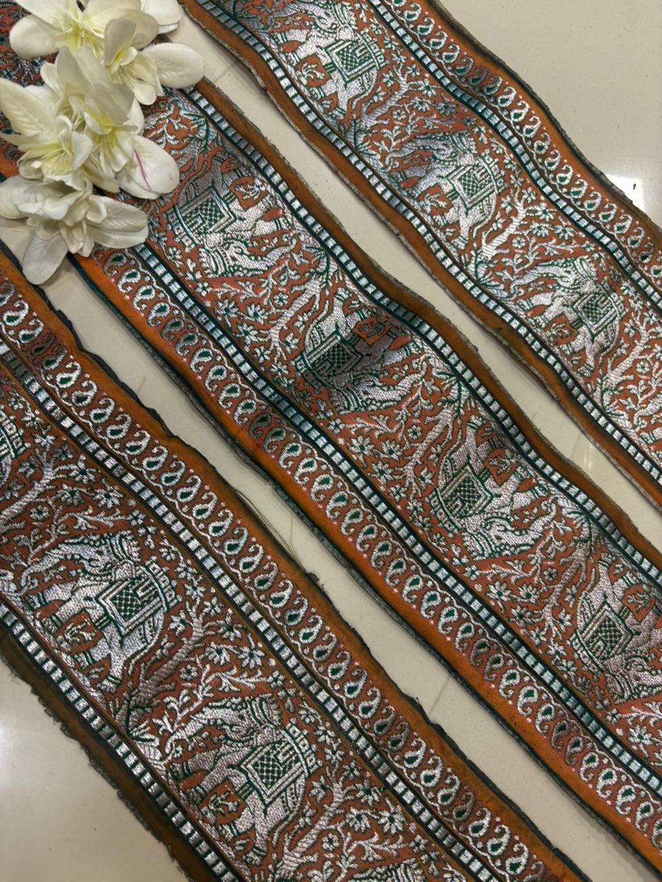 Orange Banarasi Handloom Vintage Pure Silk Border Lace ( 1 Mtr ) - Luxurion World