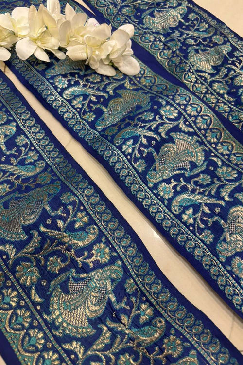 Blue Banarasi Handloom Vintage Pure Silk Border Lace ( 1 Mtr ) - Luxurion World