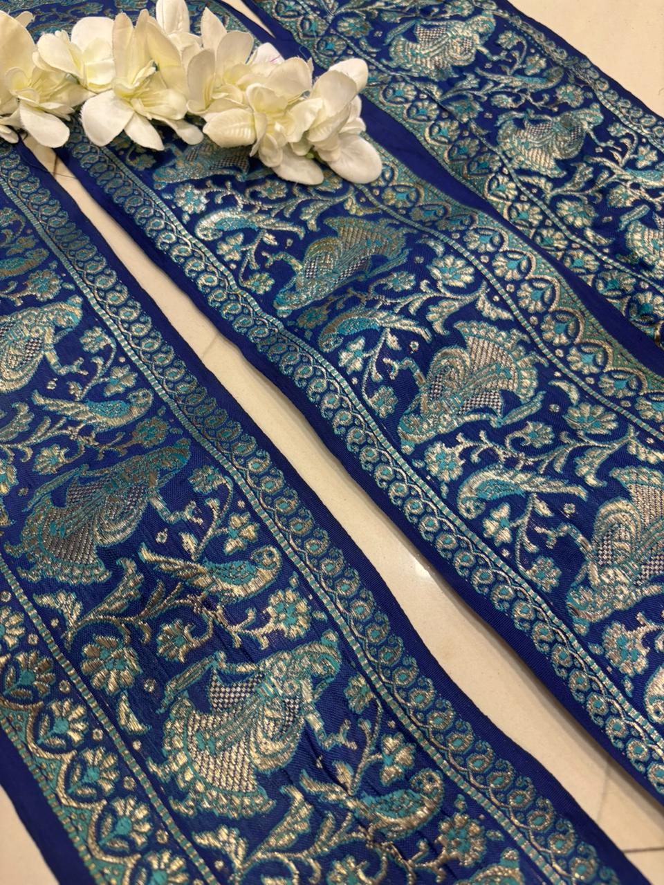 Blue Banarasi Handloom Vintage Pure Silk Border Lace ( 1 Mtr ) - Luxurion World