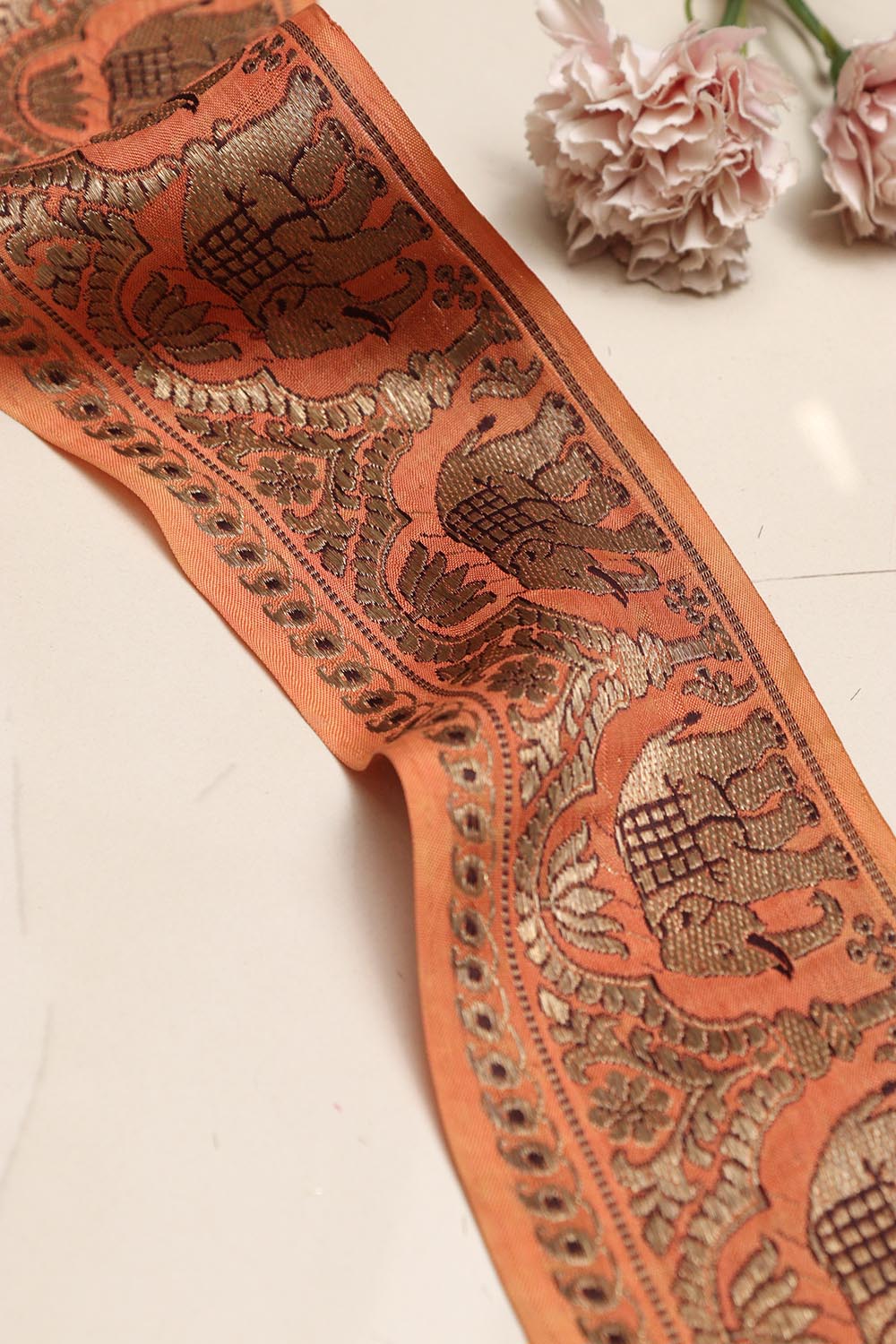 Orange Banarasi Handloom Vintage Pure Silk Border Lace ( 1 Mtr ) - Luxurion World