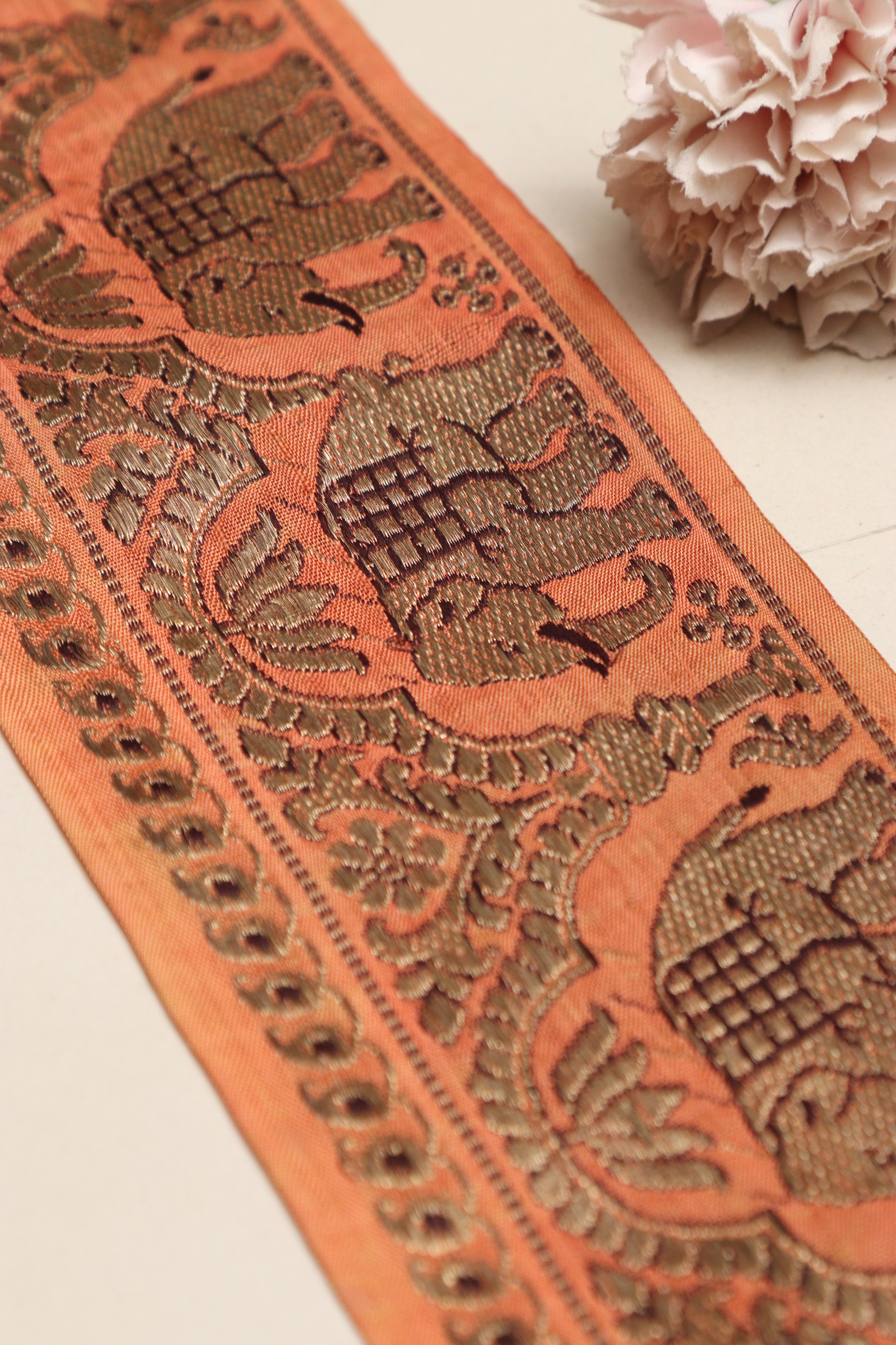 Orange Banarasi Handloom Vintage Pure Silk Border Lace ( 1 Mtr ) - Luxurion World