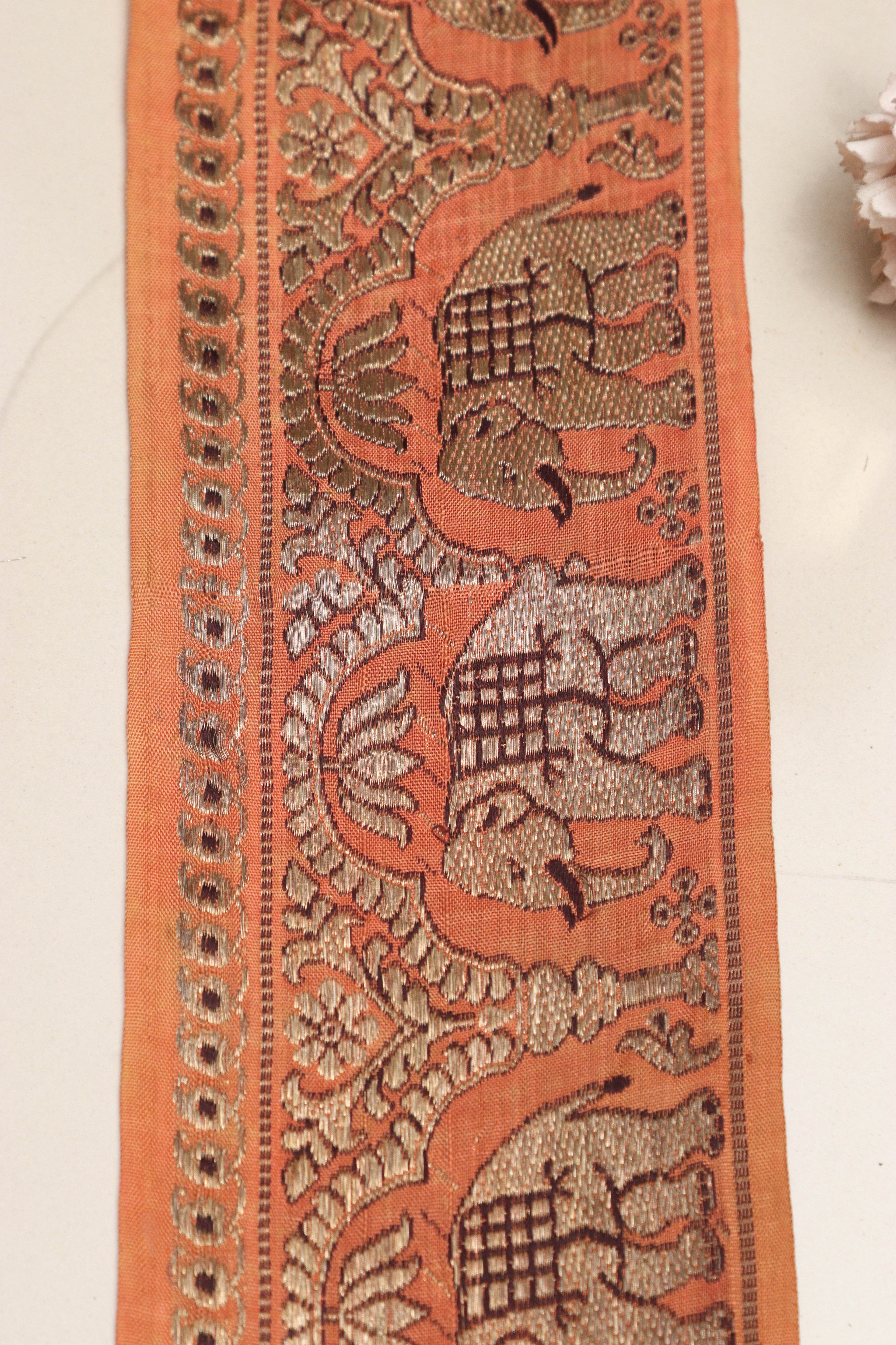 Orange Banarasi Handloom Vintage Pure Silk Border Lace ( 1 Mtr ) - Luxurion World