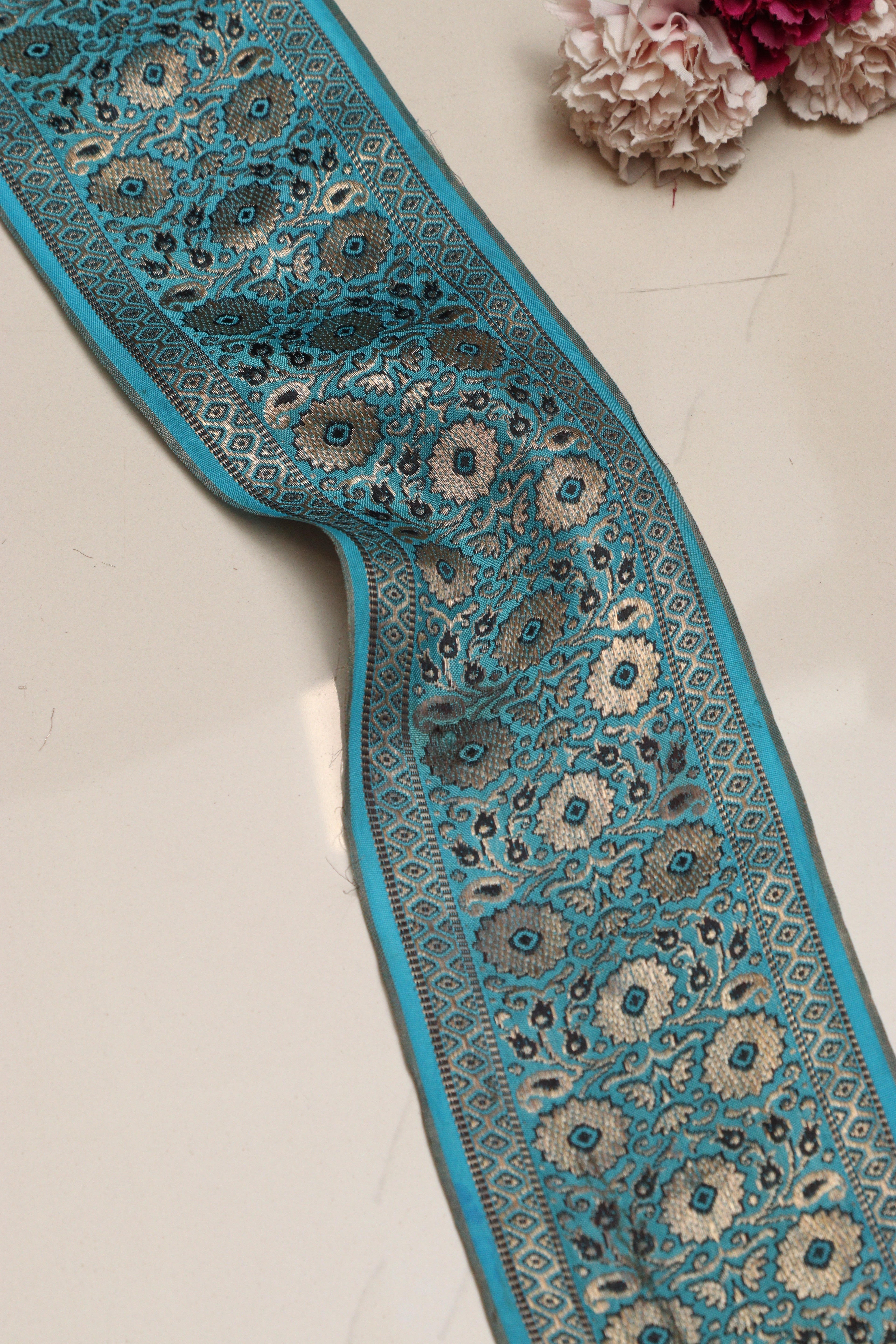 Blue Banarasi Handloom Vintage Pure Silk Border Lace ( 1 Mtr ) - Luxurion World