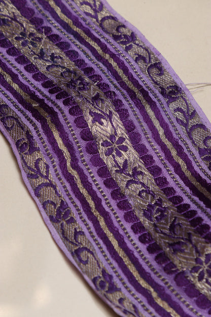Exquisite Purple Banarasi Handloom Vintage Pure Silk Border Lace ( 1 Mtr ) - Luxurion World