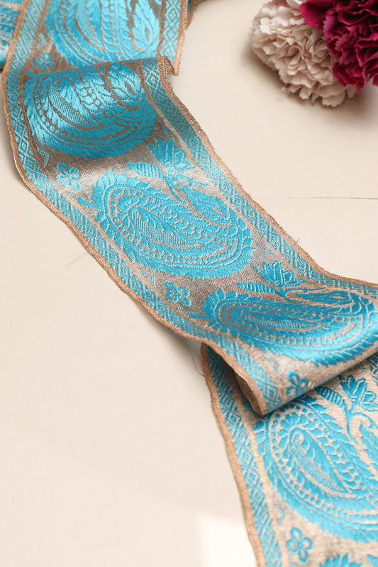 Blue Banarasi Handloom Vintage Pure Silk Border Lace ( 1 Mtr ) - Luxurion World