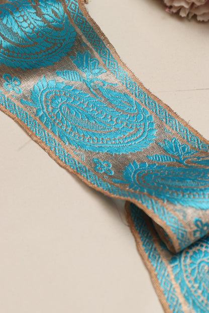 Blue Banarasi Handloom Vintage Pure Silk Border Lace ( 1 Mtr ) - Luxurion World