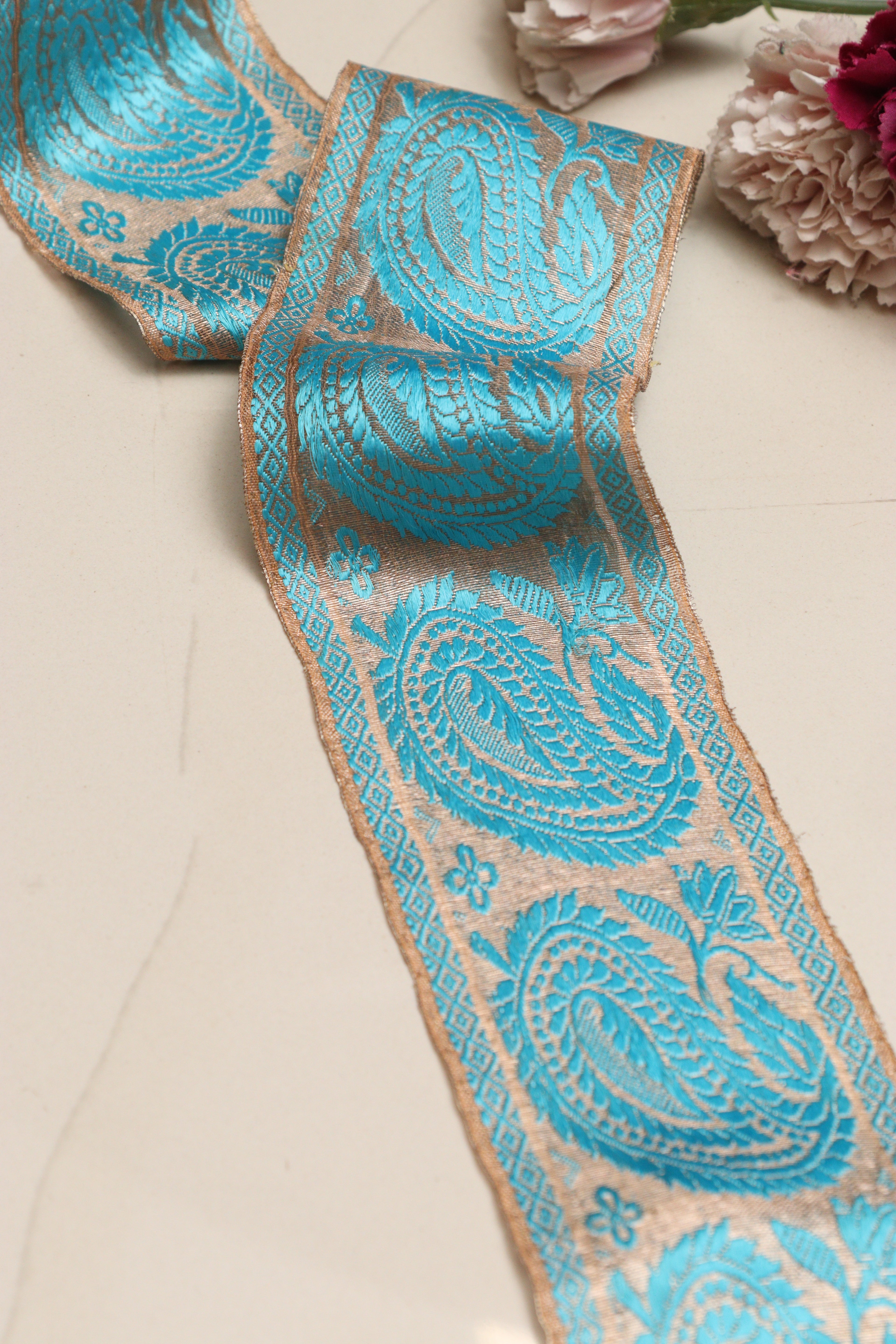 Blue Banarasi Handloom Vintage Pure Silk Border Lace ( 1 Mtr ) - Luxurion World