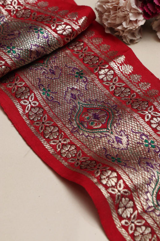 Red Banarasi Handloom Vintage Pure Silk Border Lace ( 1 Mtr ) - Luxurion World