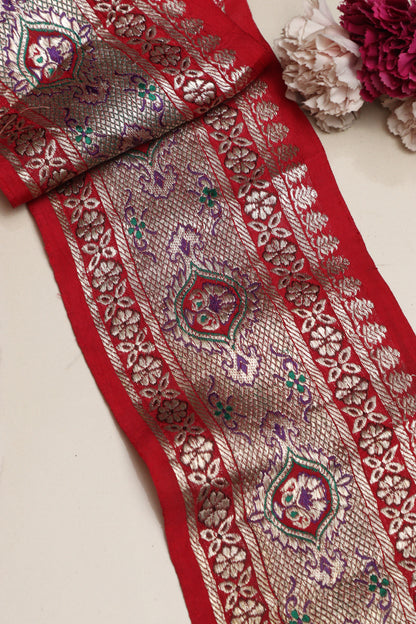 Red Banarasi Handloom Vintage Pure Silk Border Lace ( 1 Mtr ) - Luxurion World