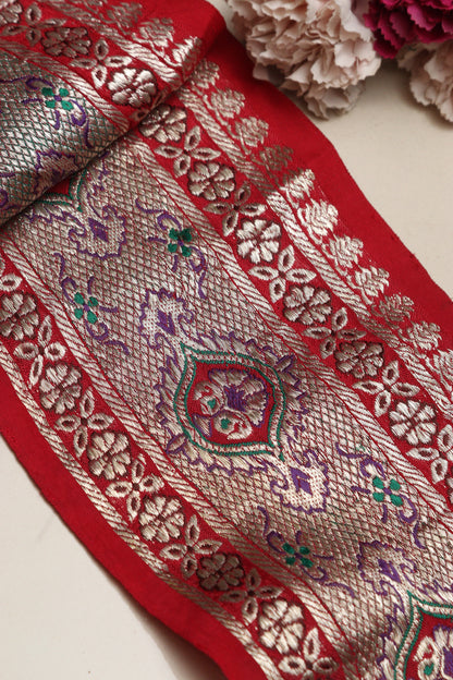 Red Banarasi Handloom Vintage Pure Silk Border Lace ( 1 Mtr ) - Luxurion World