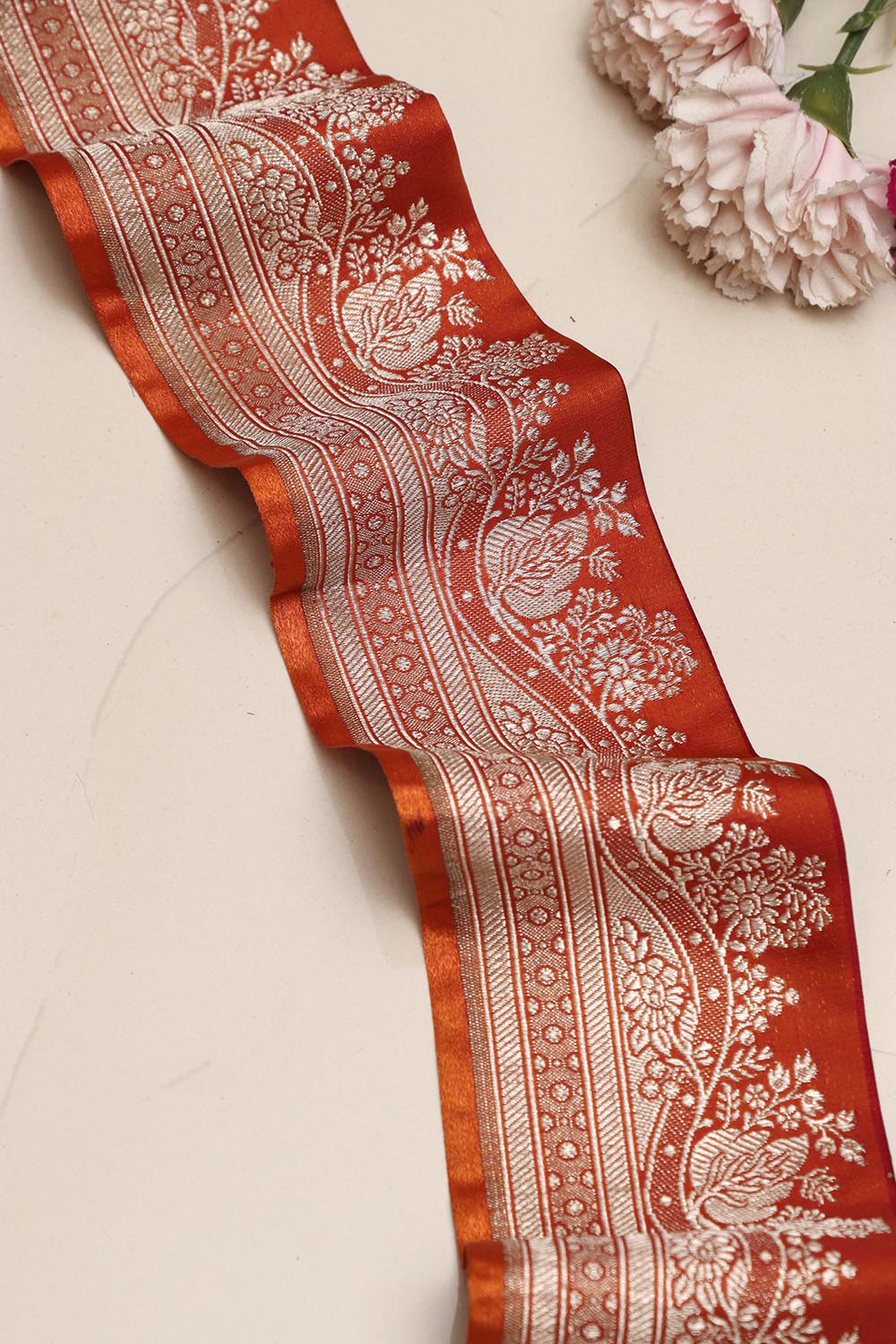 Orange Banarasi Handloom Vintage Pure Silk Border Lace ( 1 Mtr ) - Luxurion World