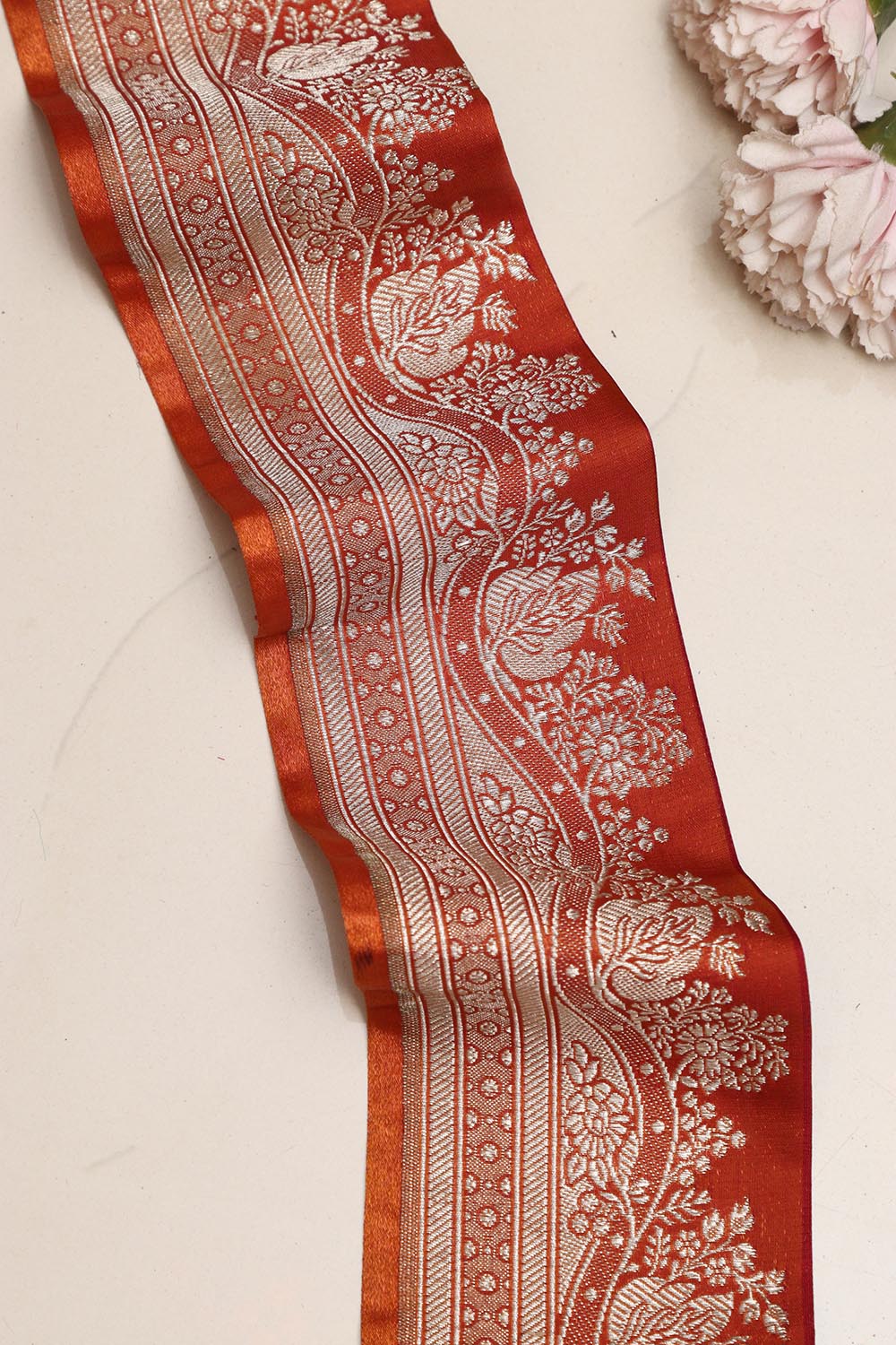 Orange Banarasi Handloom Vintage Pure Silk Border Lace ( 1 Mtr ) - Luxurion World