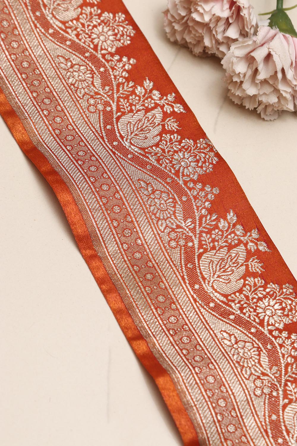 Orange Banarasi Handloom Vintage Pure Silk Border Lace ( 1 Mtr ) - Luxurion World
