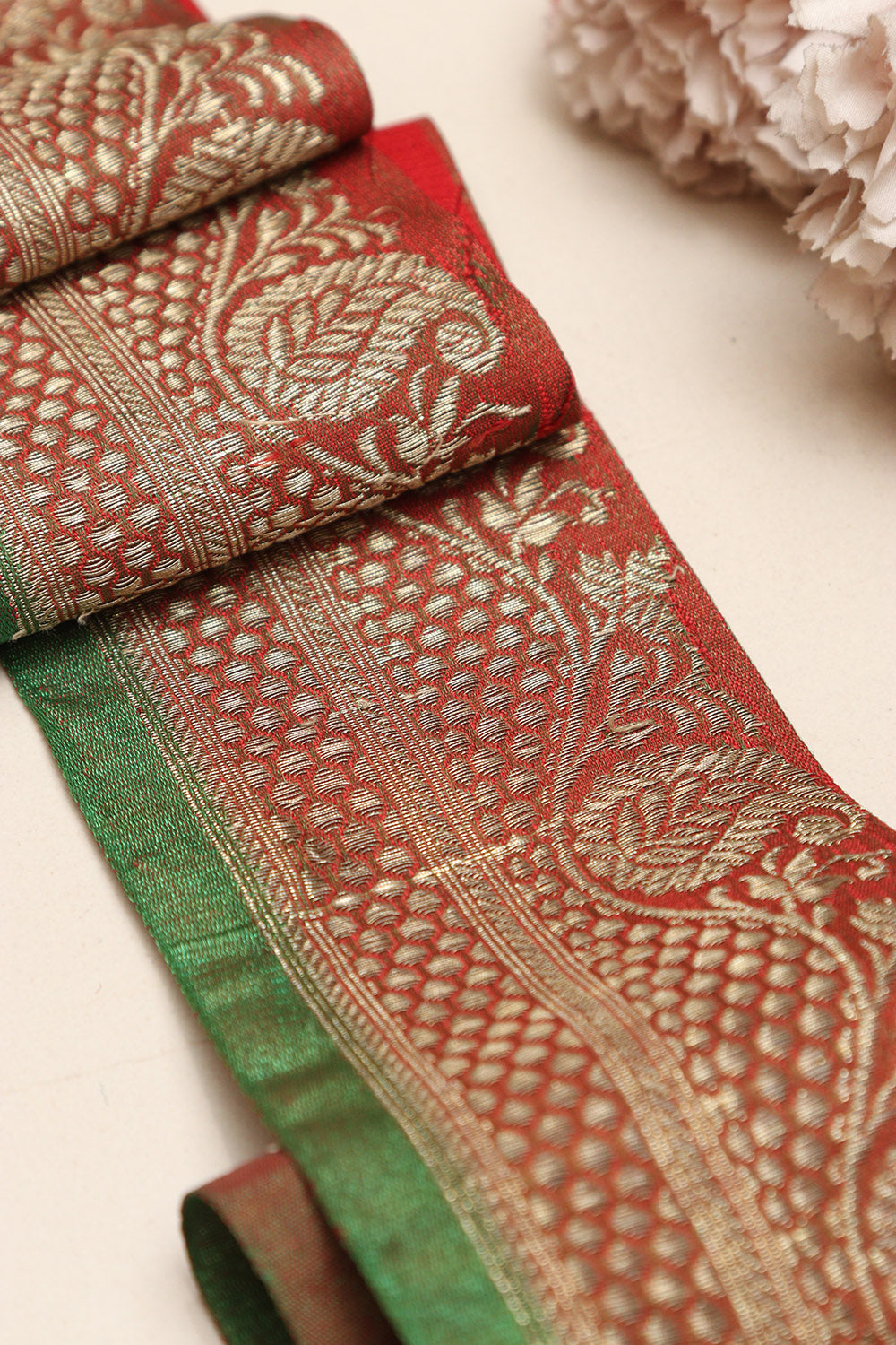 Red Banarasi Handloom Vintage Pure Silk Border Lace - Luxurion World