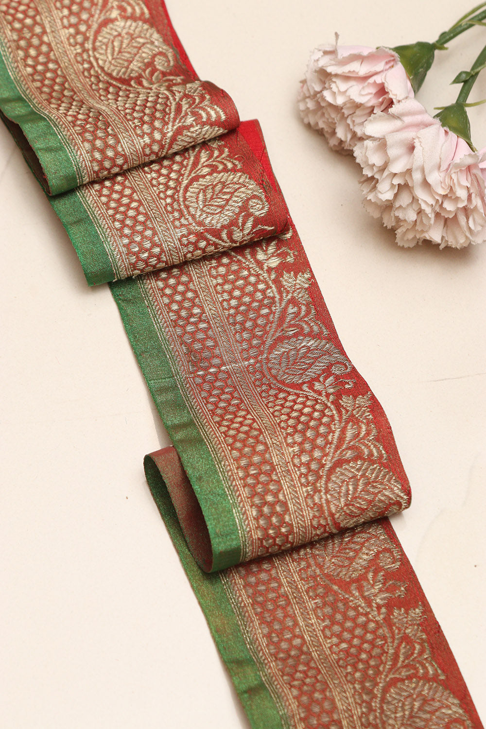Red Banarasi Handloom Vintage Pure Silk Border Lace ( 1 Mtr ) - Luxurion World