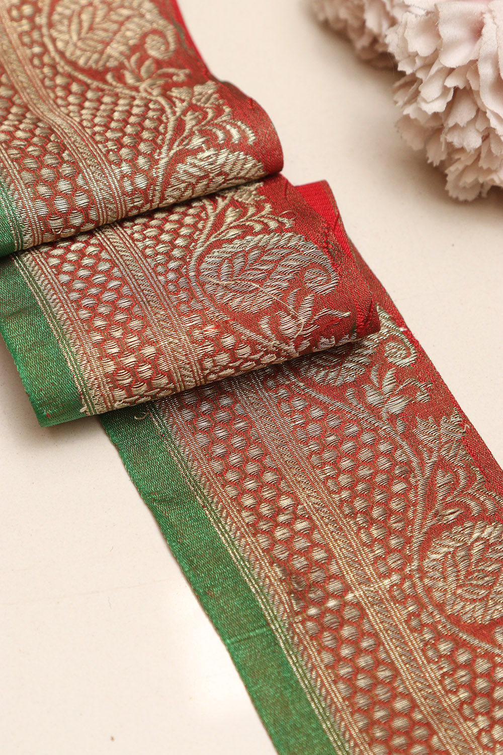 Red Banarasi Handloom Vintage Pure Silk Border Lace ( 1 Mtr ) - Luxurion World