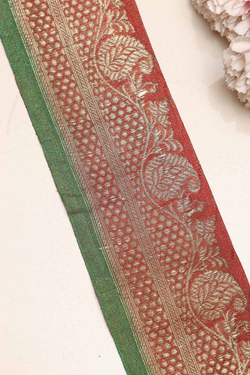 Red Banarasi Handloom Vintage Pure Silk Border Lace ( 1 Mtr ) - Luxurion World