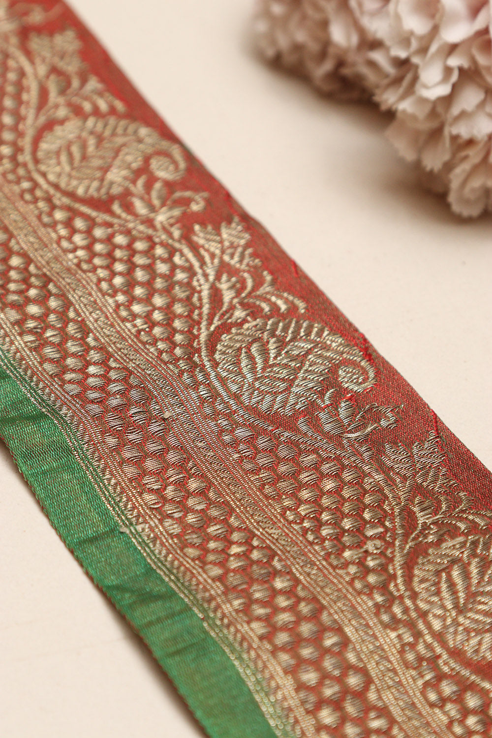 Red Banarasi Handloom Vintage Pure Silk Border Lace ( 1 Mtr ) - Luxurion World
