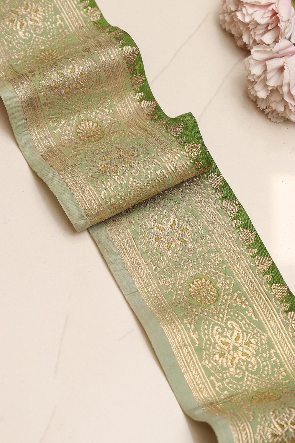 Green Banarasi Handloom Vintage Pure Silk Border Lace ( 4.15 Mtr ) - Luxurion World