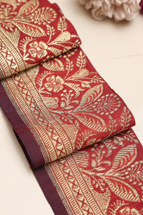 Red Banarasi Handloom Vintage Pure Silk Border Lace ( 1 Mtr ) - Luxurion World
