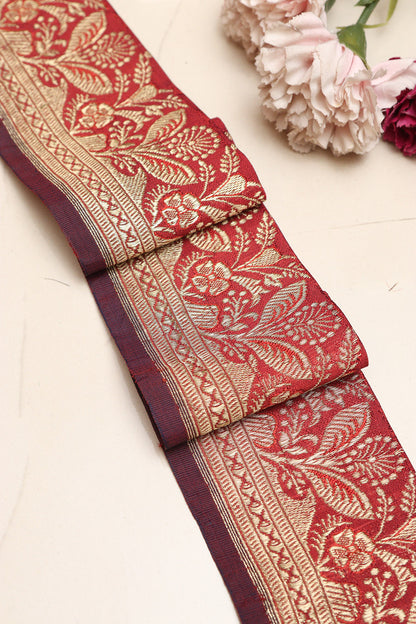 Red Banarasi Handloom Vintage Pure Silk Border Lace - Luxurion World