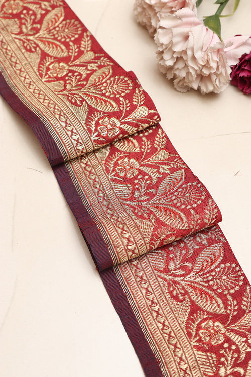 Red Banarasi Handloom Vintage Pure Silk Border Lace ( 1 Mtr ) - Luxurion World