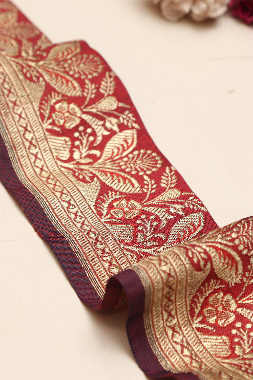 Red Banarasi Handloom Vintage Pure Silk Border Lace - Luxurion World
