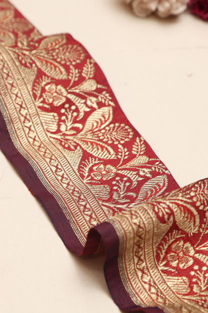 Red Banarasi Handloom Vintage Pure Silk Border Lace - Luxurion World