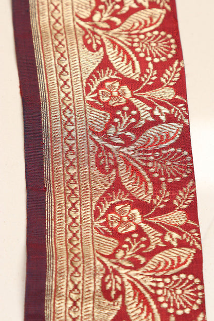 Red Banarasi Handloom Vintage Pure Silk Border Lace - Luxurion World