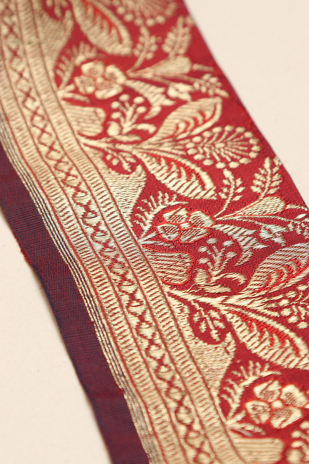 Red Banarasi Handloom Vintage Pure Silk Border Lace - Luxurion World