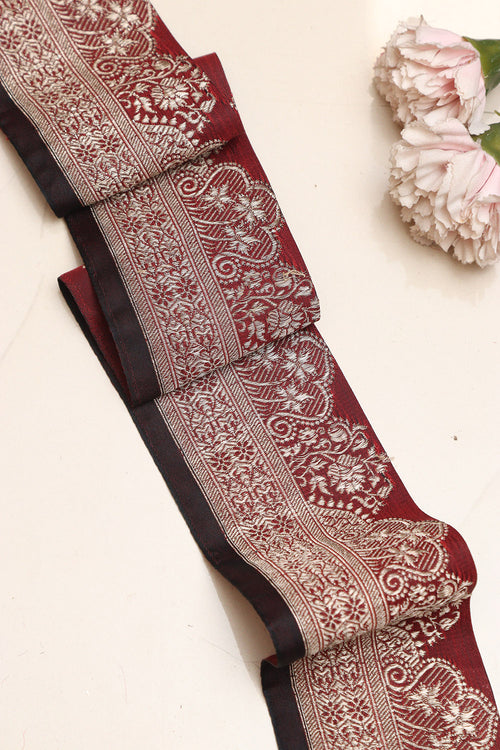 Red Banarasi Handloom Vintage Pure Silk Border Lace ( 1 Mtr ) - Luxurion World