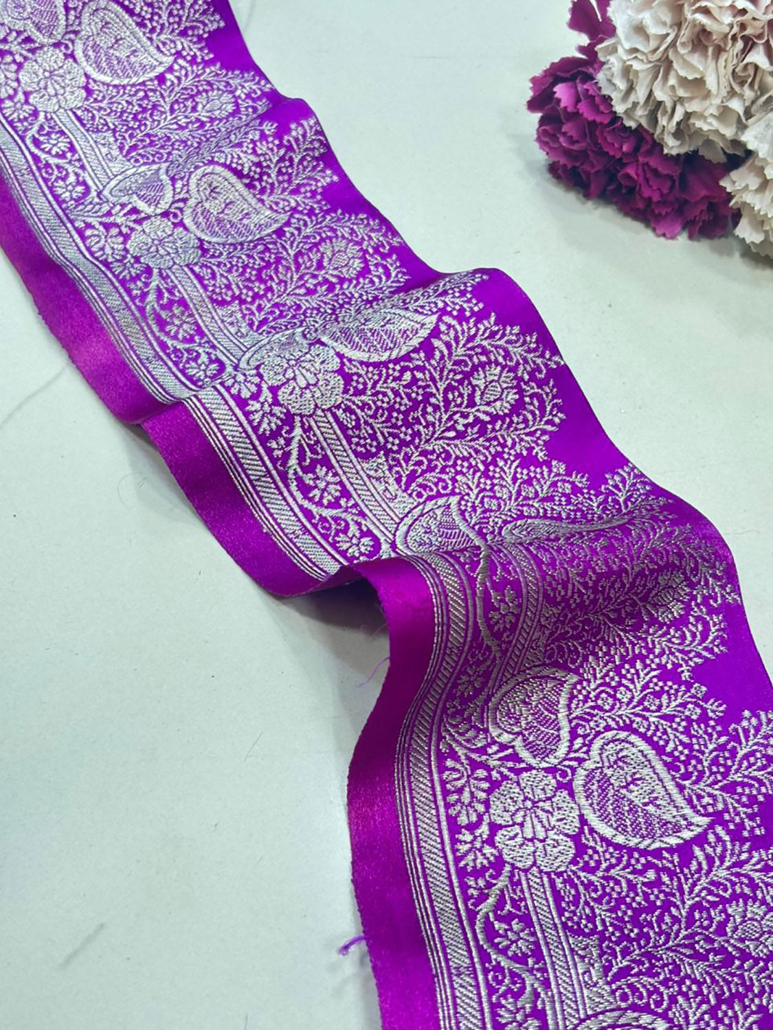 Purple Banarasi Handloom Vintage Pure Silk Border Lace - Luxurion World