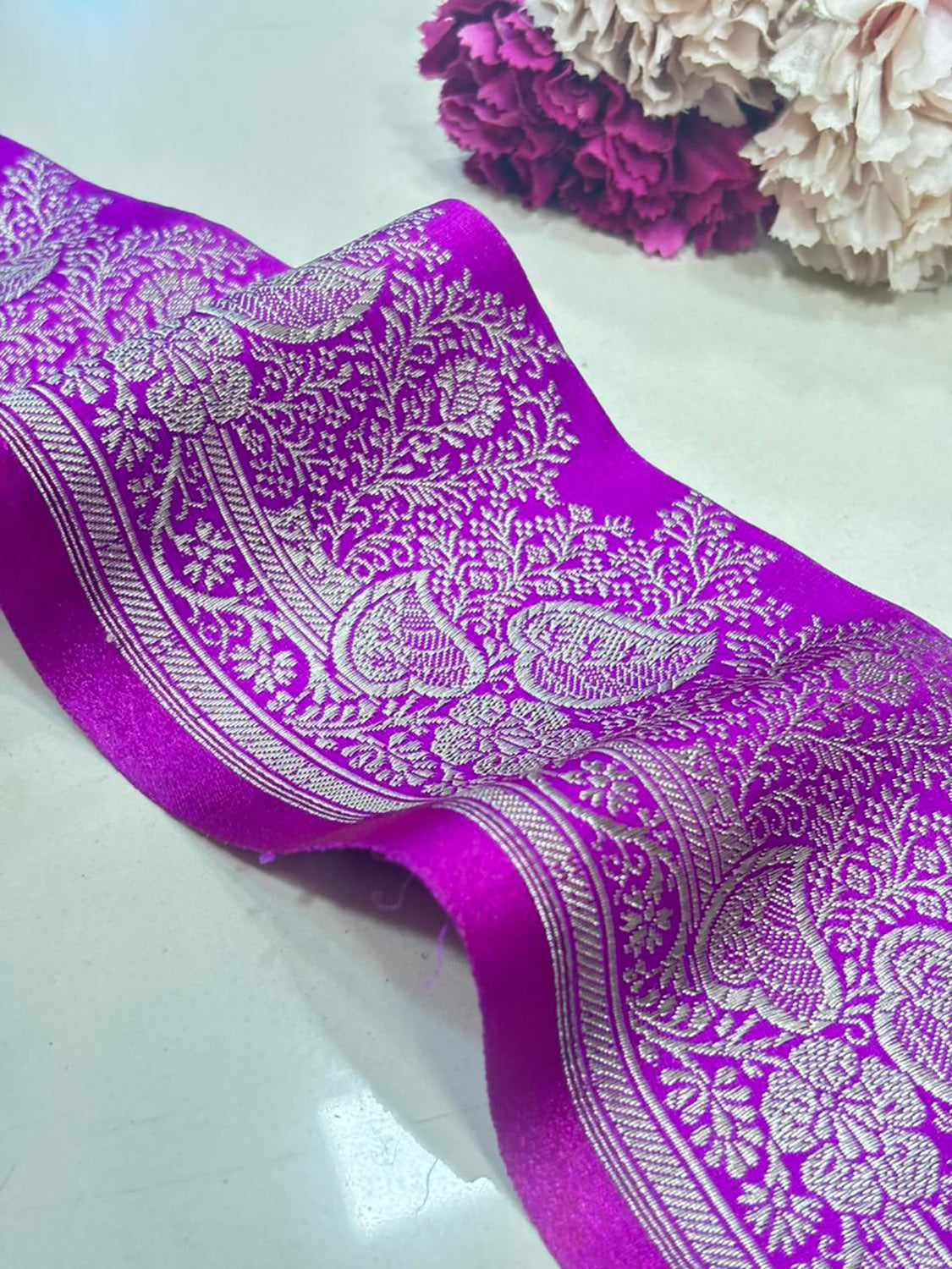 Purple Banarasi Handloom Vintage Pure Silk Border Lace - Luxurion World